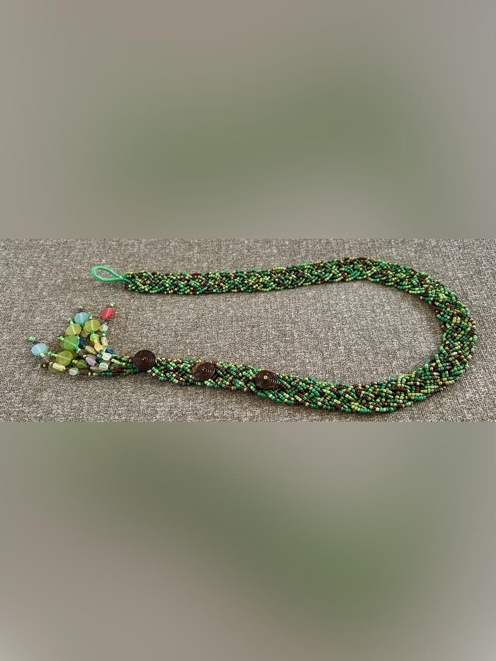 Handmade Multi Strand Braided Beaded Belt Green & Brown and multi color beads